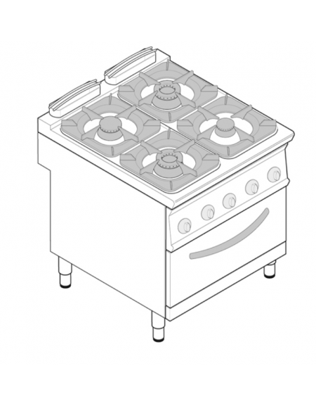 Cucina a gas 4 fuochi, forno elettrico ventilato GN 1/1, fuochi aperti 2x5,5kw + 2x9kw - cam. forno cm 57x51,5x30 - cm 80x90x90h
