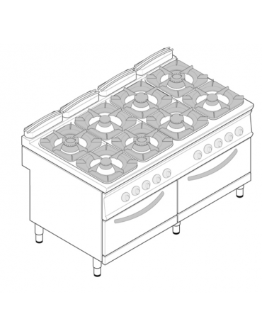 Cucina a gas 8 fuochi, 2 forni a gas GN2/1, fuochi aperti 4x5,5kw + 4x9kw - cam. forno cm 57,5x65x30 - cm 160x90x90h