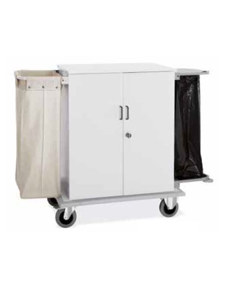 Carrello portabiancheria armadiato in lamiera di acciaio  - con sacco in tela, un portasacco immondizia e 2 sportelli