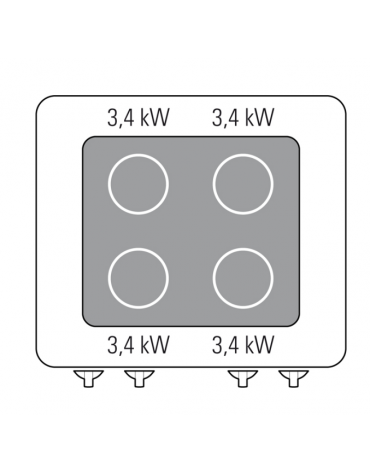 Cucina elettrica trifase-18,6kw, 4 piani di cottura vetroceramica, cam. forno elettrico ventilato GN1/1 - cm 80x90x