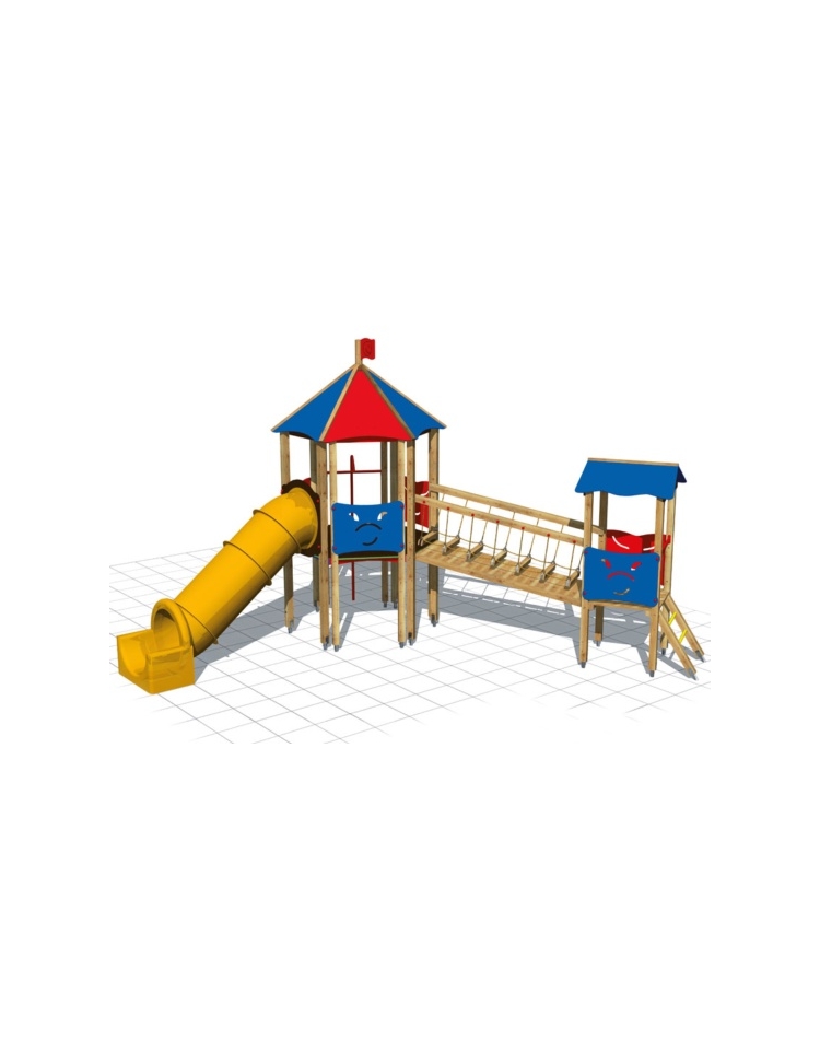 Parco giochi a Villaggio con torre esagonale , scivolo a tunnel , ponte  oscillante e pertica - cm 705x455x415h- Torrette Medie p