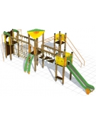 Villaggio in legno con scivolo, ponti in corda, pertiche e parete arrampicata - 4 torrette - scivolo poly - cm 900x400x350h