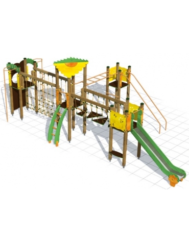 Villaggio in legno con scivolo, ponti in corda, pertiche e parete arrampicata - 4 torrette - scivolo poly - cm 900x400x350h