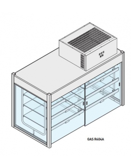 Vetrina refrigerata con piano di fondo con cristalli a coulisse su 1 lato ed antine a ribalta mm 1500x700x1143 h