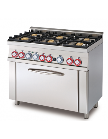 Cucina a gas 6 fuochi su forno a gas statico con grill, camera cm 64x39x35h, 1 griglia - cm 100x 60x 90h