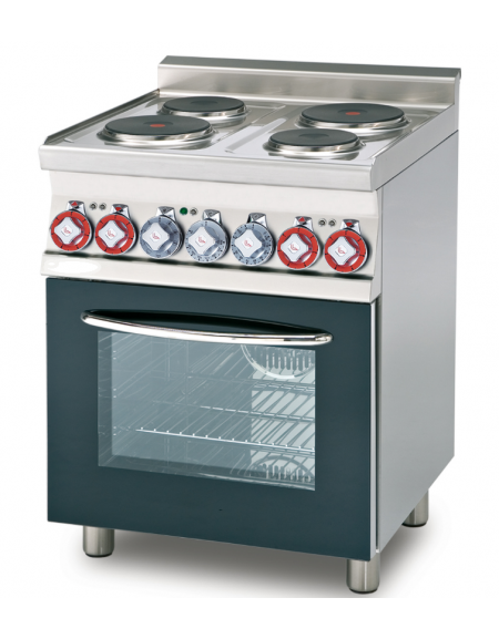 Cucina elettrica trifase-9,5kw, 4 piastre, forno elettrico multifunzione con camera cm 46x37x35h, porta in vetro - cm 60x60x90h