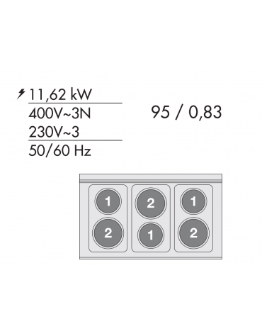 Cucina elettrica trifase-11,62kw, 6 piastre, forno elettrico statico con camera cm 64x42x35h, porta in vetro - cm 100x60x90h