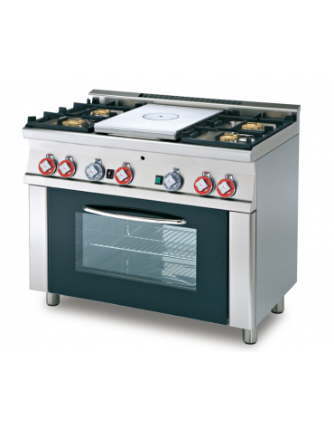 Cucina tuttopiastra a gas 4 fuochi 1 piastra, forno a gas statico con grill, porta in vetro, camera cm 64x39x35h - cm 100x60x90h