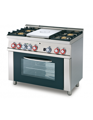 Cucina tuttopiastra a gas 4 fuochi 1 piastra, forno elettrico statico, porta in vetro, camera cm 64x42x35h - cm 100x60x90h