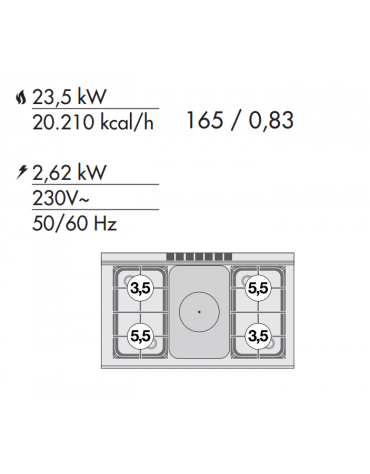 Cucina tuttopiastra a gas 4 fuochi 1 piastra, forno elettrico statico, porta in vetro, camera cm 64x42x35h - cm 100x60x90h