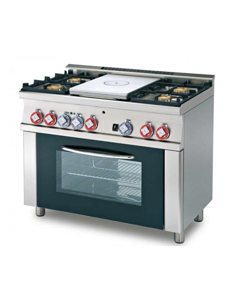 Cucina tuttopiastra a gas 4 fuochi 1 piastra, forno a gas statico con  grill, porta in vetro, camera cm 64x39x35h - cm 100x60x90h