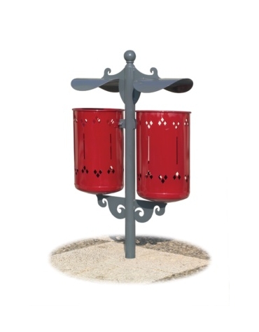 Cestino portarifiuti doppio con coperchio, in acciaio e ghisa - RAL 7011 / 3003 - filo pavimento - cm 75x52x120h