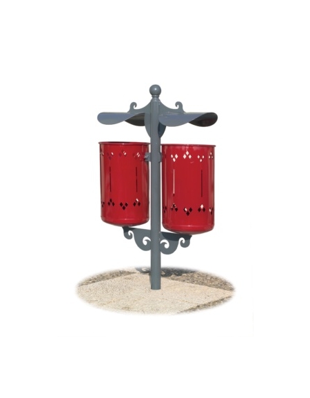 Cestino portarifiuti doppio con coperchio, in acciaio e ghisa - RAL 7011 / 3003 - filo pavimento - cm 75x52x120h