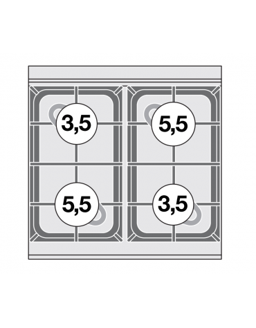 Piano di cottura in acciaio inox CrNi 18/10 AISI 304 a gas 2 fuochi - potenza gas: 18 kW - 15.480 kcal/h - cm 60x60x28h