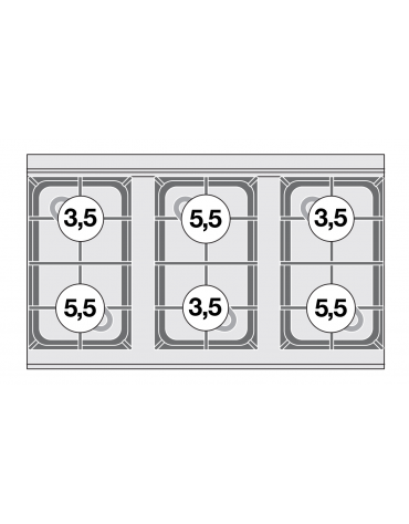 Piano di cottura in acciaio inox CrNi 18/10 AISI 304 a gas 6 fuochi - potenza gas: 27 kW - 23.220 kcal/h - cm 100x60x28h