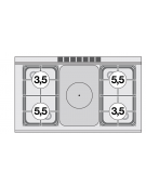 Piano di cottura in acciaio inox CrNi 18/10 AISI 304 a gas 6 fuochi + tuttopiastra cm 37x50 - cm 100x60x28h
