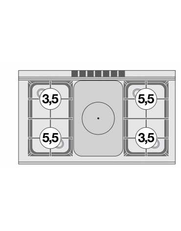 Piano di cottura in acciaio inox CrNi 18/10 AISI 304 a gas 6 fuochi + tuttopiastra cm 37x50 - cm 100x60x28h
