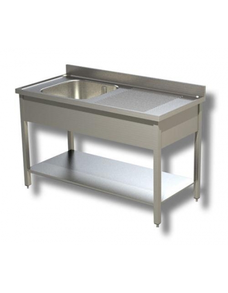 Lavello inox con ripiano 1 vasca + gocciolatoio cm.130x70x90h