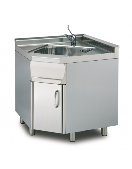 Lavello ad angolo su mobile in acciaio inox CrNi 18/10 AISI 304 - 1 vasca, rubinetto a leva, 1 vano - cm.80÷80x 60x 90h