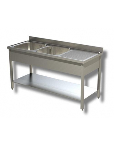 Lavello inox con ripiano 2 vasche+ gocciolato cm.180x70x85h