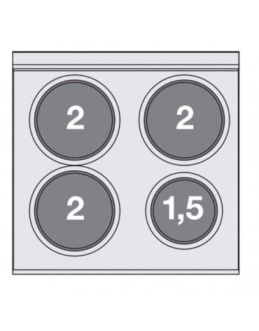 Piano di cottura elettrico in acciaio inox CrNi 18/10 AISI 304 - trifase-7,5kw, 4 piastre - cm 60x65x29h