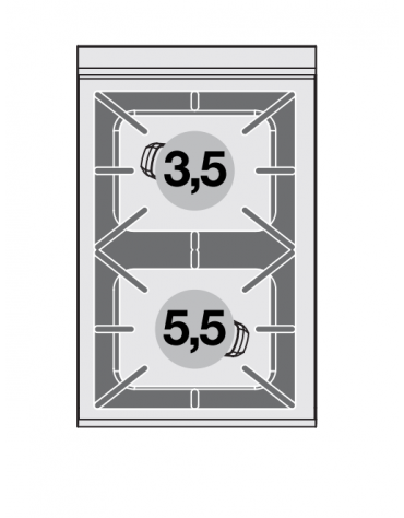 Piano di cottura in acciaio inox CrNi 18/10 AISI 304 a gas 2 fuochi - potenza gas: 9 kW - 7.740 kcal/h - cm 40x65x29h