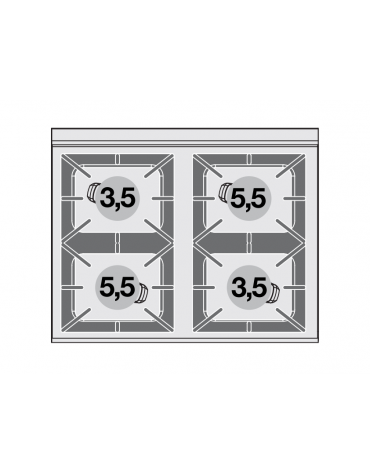 Piano di cottura in acciaio inox CrNi 18/10 AISI 304 a gas 4 fuochi - potenza gas: 18 kW - 15.480 kcal/h - cm 80x65x29h