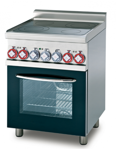 Cucina elett. trifase-11.71kw, 4 piastre in vetroceramica, forno elett., camera cm 53x32,5 GN1/1, porta in vetro - cm 80x65x87h