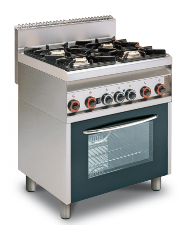 Cucina a gas 4 fuochi su forno elettrico multifunzione, camera cm 64x37x35h, porta in vetro, 1 griglia - cm 80x65x87h