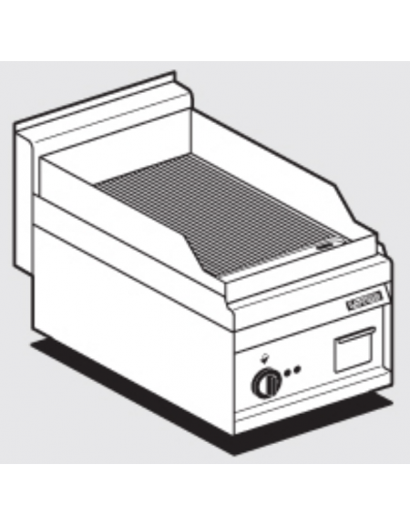 Fry top elettrico trifase-4,5kw da banco, piastra rigata cm 35x56, r. temp. 50 a 300 °C - dim. 40x65x29h