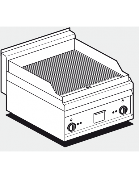 Fry top elettrico trifase-6kw da banco, piastra doppia rigata cm 55x56, r. temp. 50 a 300 °C - dim. cm 60x65x29h