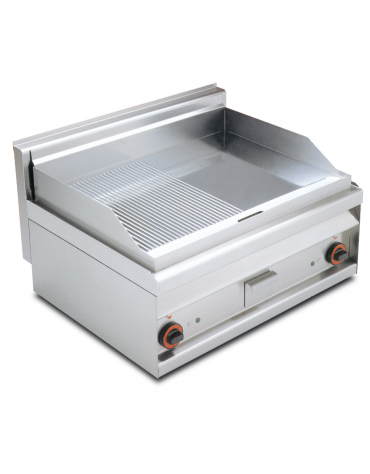 Fry top elett. trifase-6kw da banco, 2 piastre cromate 1/2 liscia, 1/2 rigata cm 55,5X55, r. temp. 50 a 300 °C - cm 60x65x29h