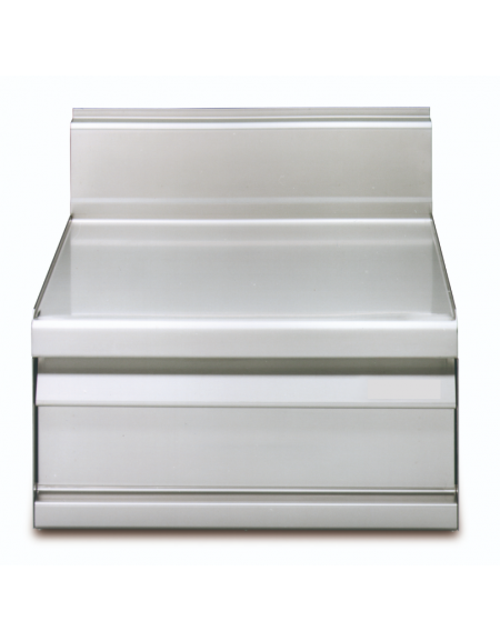 Piano di lavoro in acciaio inox CrNi 18/10 AISI 304 con alzatina posteriore, cassetto e  2 bacinelle GN 1/1 - cm 80x65x29h