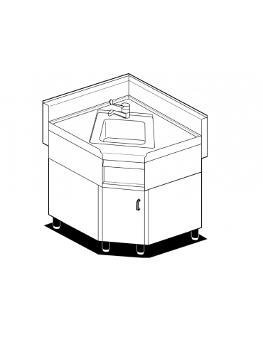 Lavello ad angolo su mobile in acciaio inox CrNi 18/10 AISI 304 - 1 vasca, rubinetto a leva, 1 vano - cm.85÷85x65x87h