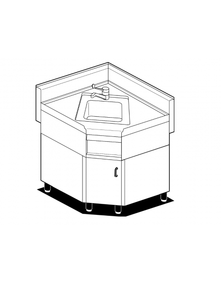 Lavello ad angolo su mobile in acciaio inox CrNi 18/10 AISI 304 - 1 vasca, rubinetto a leva, 1 vano - cm.85÷85x65x87h
