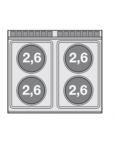 Cucina elett. trifase-15,4kw, 4 piastre su forno elettrico statico, camera cm 67x55x34h - cm 80x70,5x90h