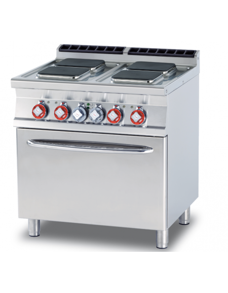 Cucina elett. trifase-15,4kw, 4 piastre quadre su forno elettrico statico, camera cm 67x55x34h - cm 80x70,5x90h