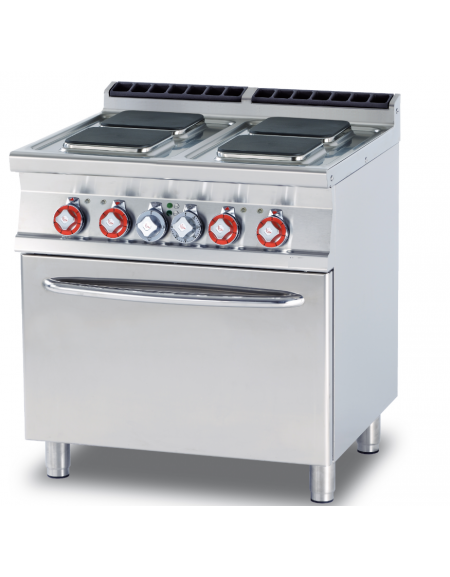 Cucina elett. trifase-15,72kw, 4 piastre quadre su forno elettrico ventilato, camera cm 55x36x34h - cm 80x70,5x90h