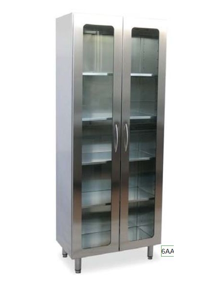 Armadio sala operatoria inox + vetro,  2 ante con serratura, ripiani in vetro, 4 piedini - cm 100x48x190h