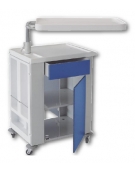 COMODINO MONOFRONTE CON TAVOLO SERVITORE , PORTABOTTIGLIE,  CASSETTO ED ANTA - COLORI AVIO, SABBIA , BIANCO E VERDE - CM 62X42X7