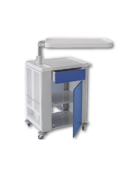 COMODINO MONOFRONTE CON TAVOLO SERVITORE , PORTABOTTIGLIE,  CASSETTO ED ANTA - COLORI AVIO, SABBIA , BIANCO E VERDE - CM 62X42X7