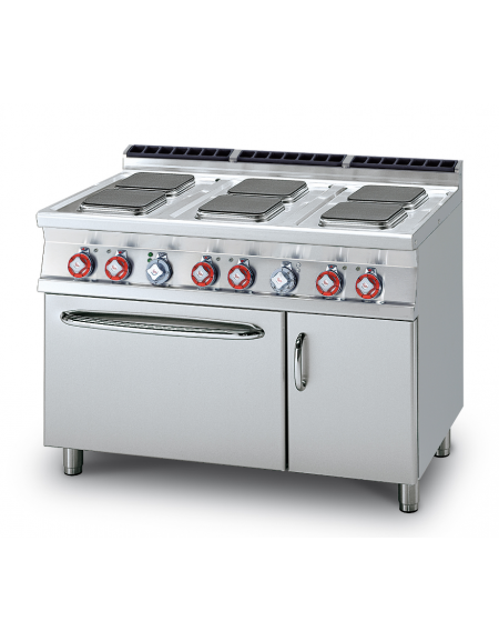 Cucina elett. trifase-20,6kw, 6 piastre quadre su forno elett. statico, camera cm 67x55x34h, 1 vano neutro - cm 120x70,5x90h