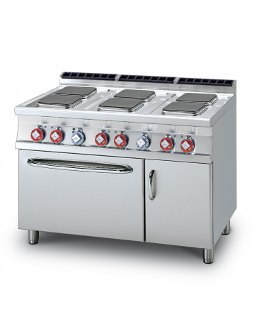 Cucina elett. trifase-20,92kw, 6 piastre quadre su forno elett. ventilato, camera cm 55x36x34h, 1 vano neutro - cm 120x70,5x90h