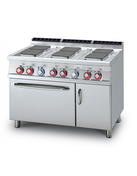 Cucina elett. trifase-20,92kw, 6 piastre quadre su forno elett. ventilato, camera cm 55x36x34h, 1 vano neutro - cm 120x70,5x90h