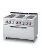 Cucina elett. trifase-22,5kw, 6 piastre quadre su forno elettrico statico, camera cm 107x55x34h, 1 griglia - cm 120x70,5x90h
