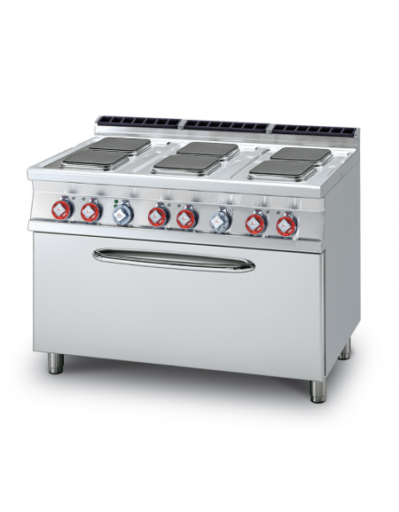 Cucina elett. trifase-22,5kw, 6 piastre quadre su forno elettrico statico, camera cm 107x55x34h, 1 griglia - cm 120x70,5x90h