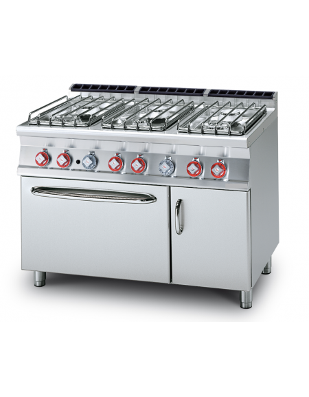 Cucina a gas 6 fuochi su forno elettrico ventilato, camera cm 55x36x34h, 1 vano neutro - cm 120x70,5x90h