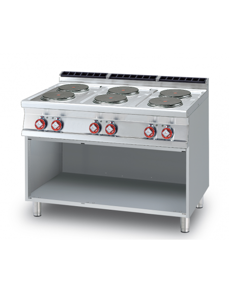 Piano di cottura in acciaio inox CrNi 18/10 AISI 304 trifase-15,6kw, 6 piastre tonde su mobile a giorno - cm 120x70,5x90h