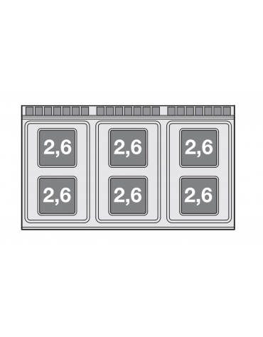 Piano di cottura in acciaio inox CrNi 18/10 AISI 304 trifase-15,6kw, 6 piastre quadre su mobile a giorno - cm 120x70,5x90h