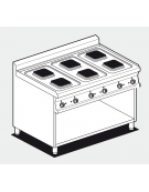 Piano di cottura in acciaio inox CrNi 18/10 AISI 304 trifase-15,6kw, 6 piastre quadre su mobile a giorno - cm 120x70,5x90h
